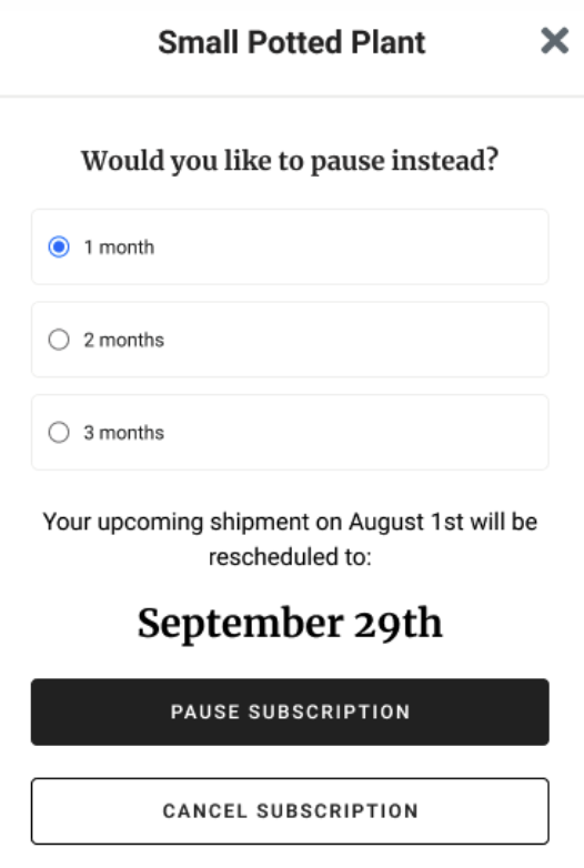 The Pause Subscription feature enabled on a Novum customer portal