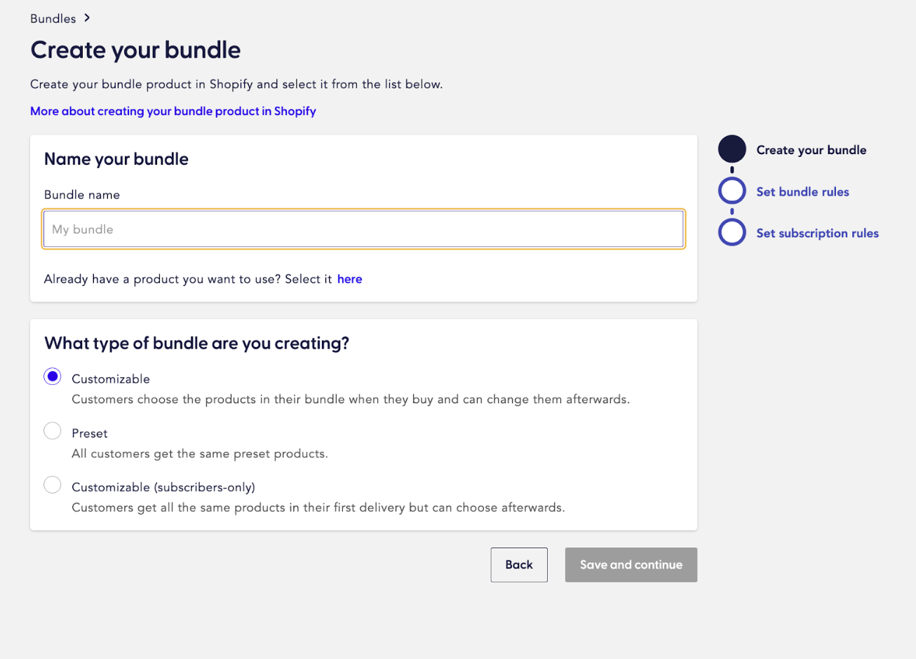 The Create your bundle page in Recharge