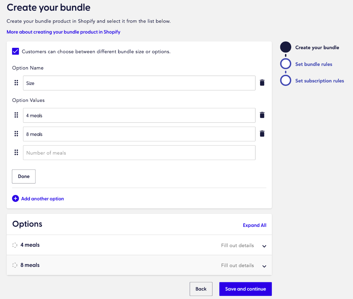 Configuring bundle options on the Create your bundle page