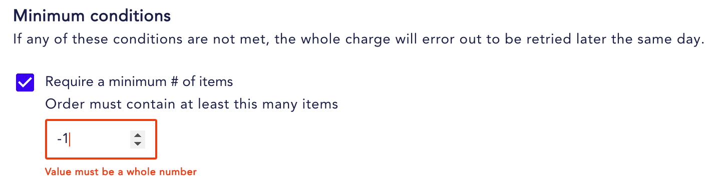 require minimum number of items error in order processing settings