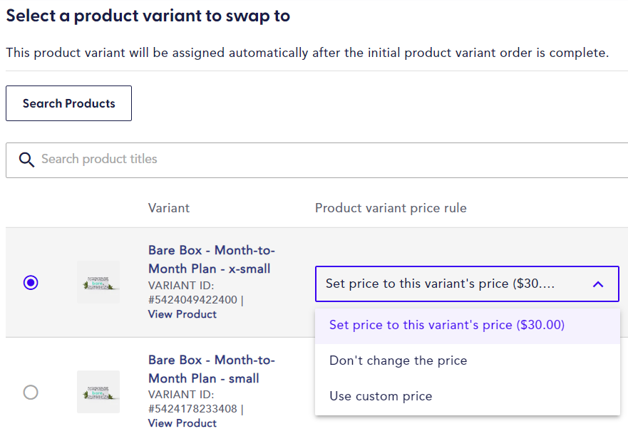 search for the item to swap to, and then a price UI will display to select one of the options