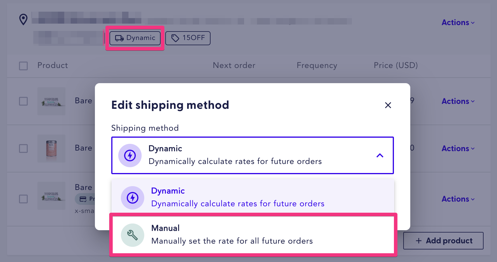 Shipping method selection modal in the merchant portal