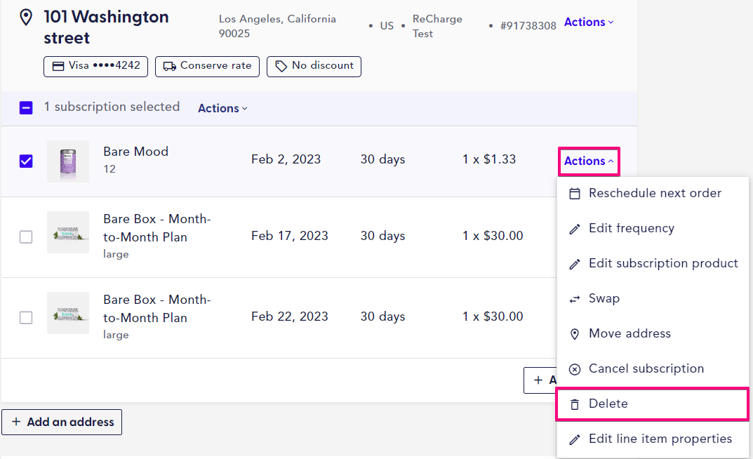 delete a subscription using action dropdown on the customer overview