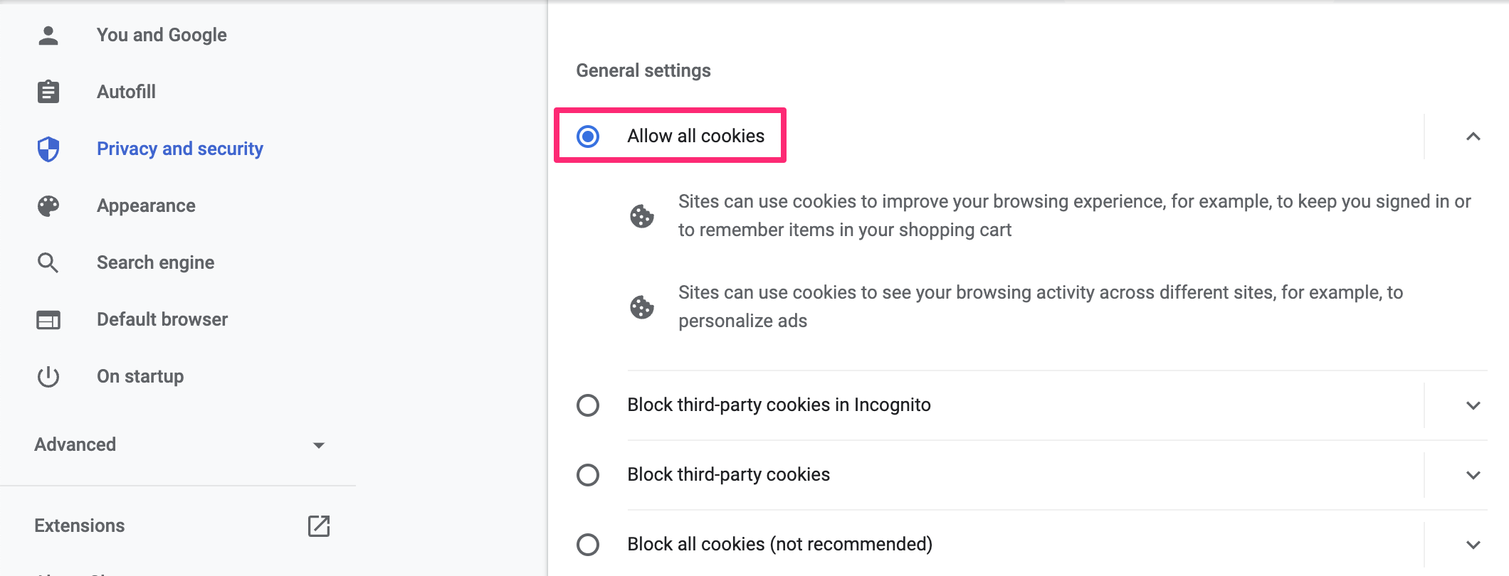 Chrome privacy cookie settings