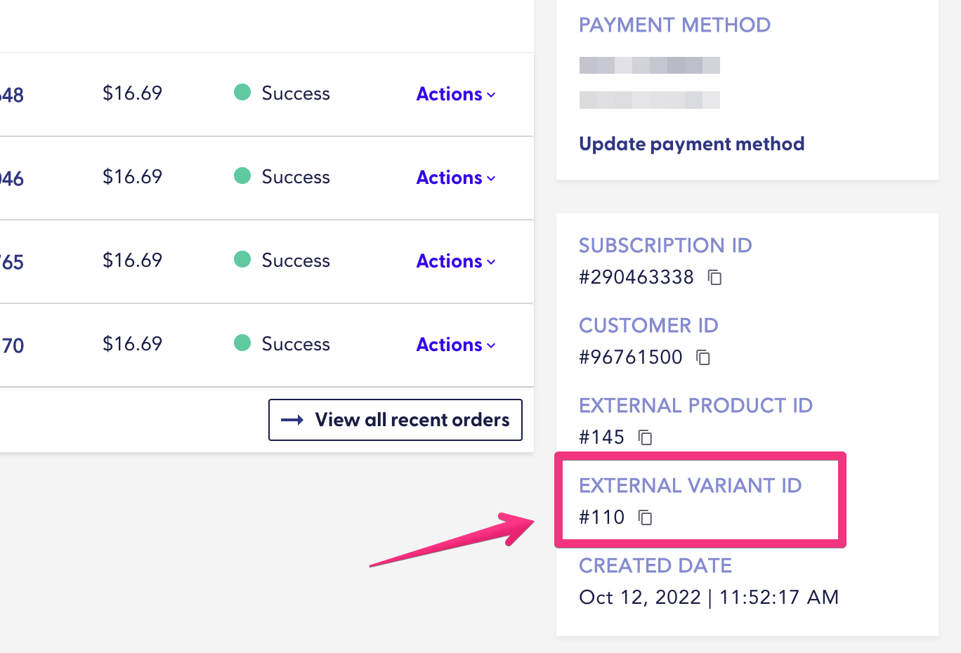 Variant ID section on the Subscription details page
