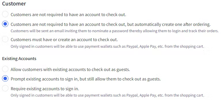 Require accounts at checkout settings page