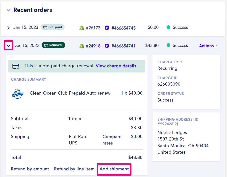 click add shipment from the order section