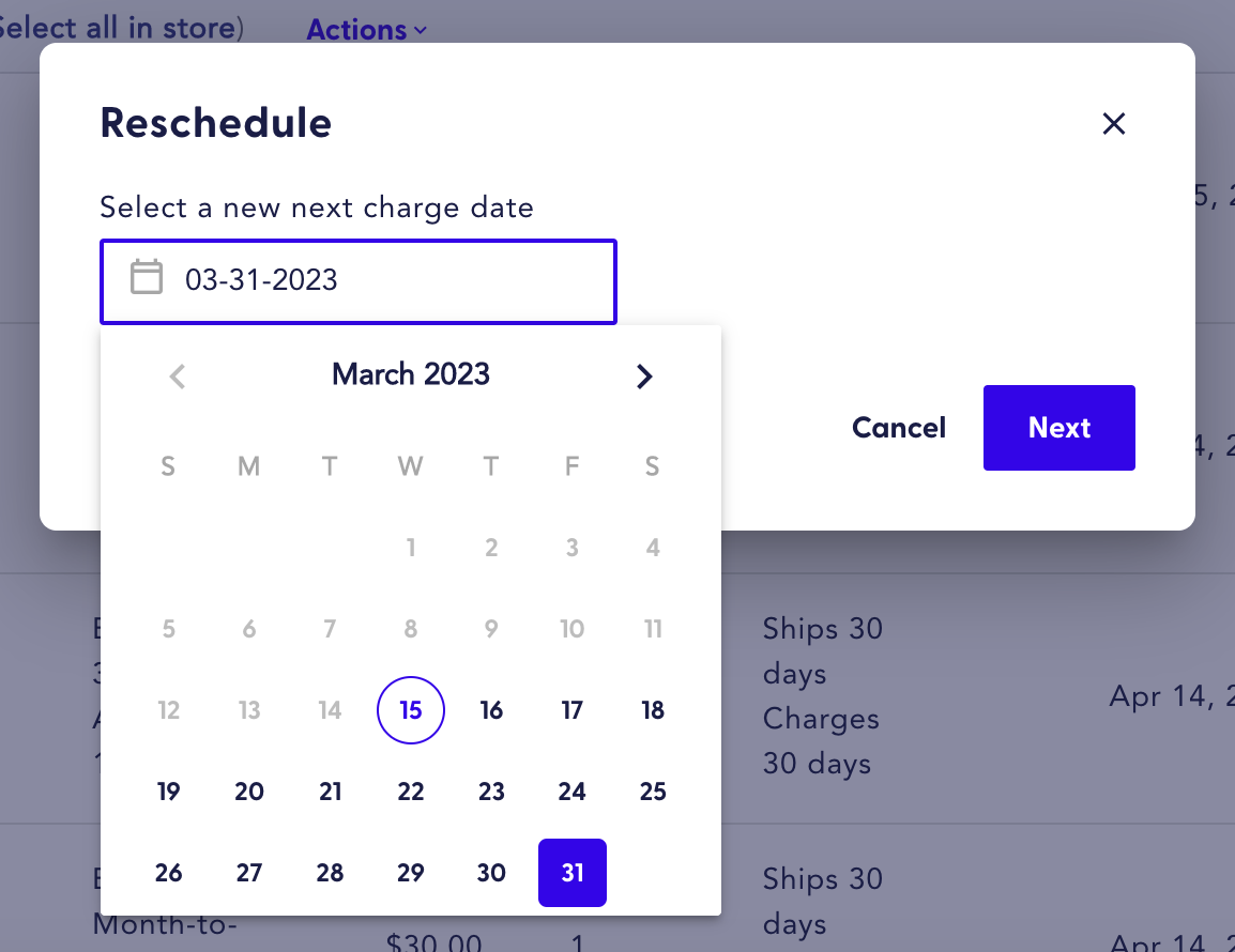 Reschedule charge calendar modal