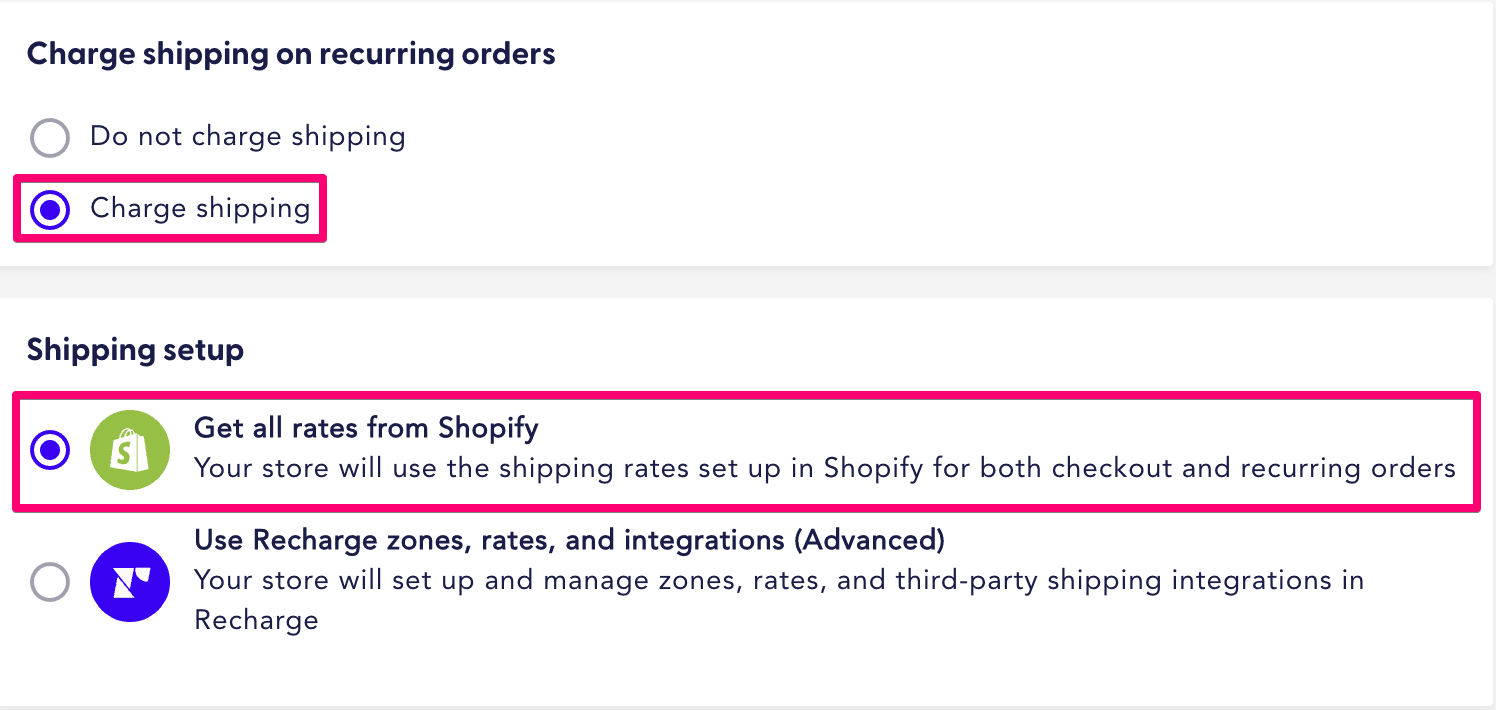 Recharge Checkout on Shopify shipping settings get rates from shopify