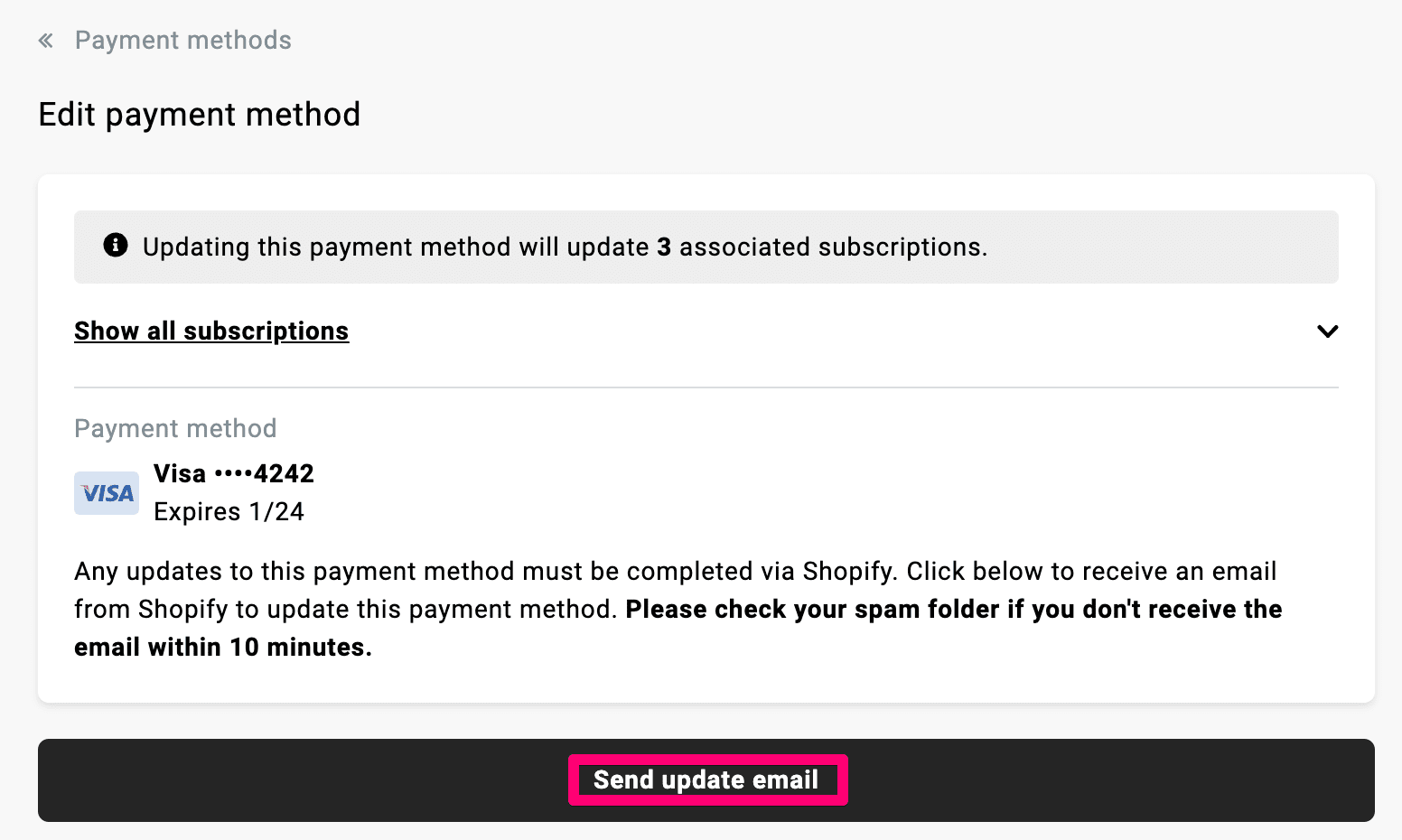 click send update email to adjust payment method