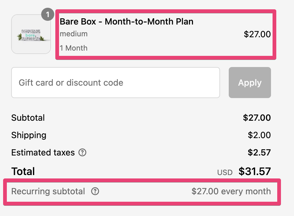 subscription details showing at checkout