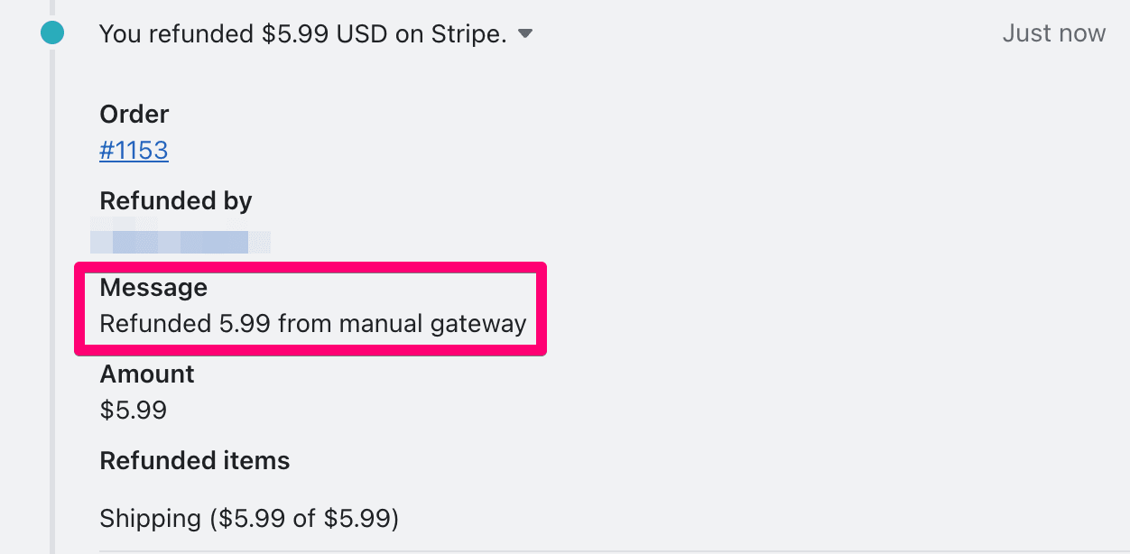 Shopify order timeline showing manual gateway