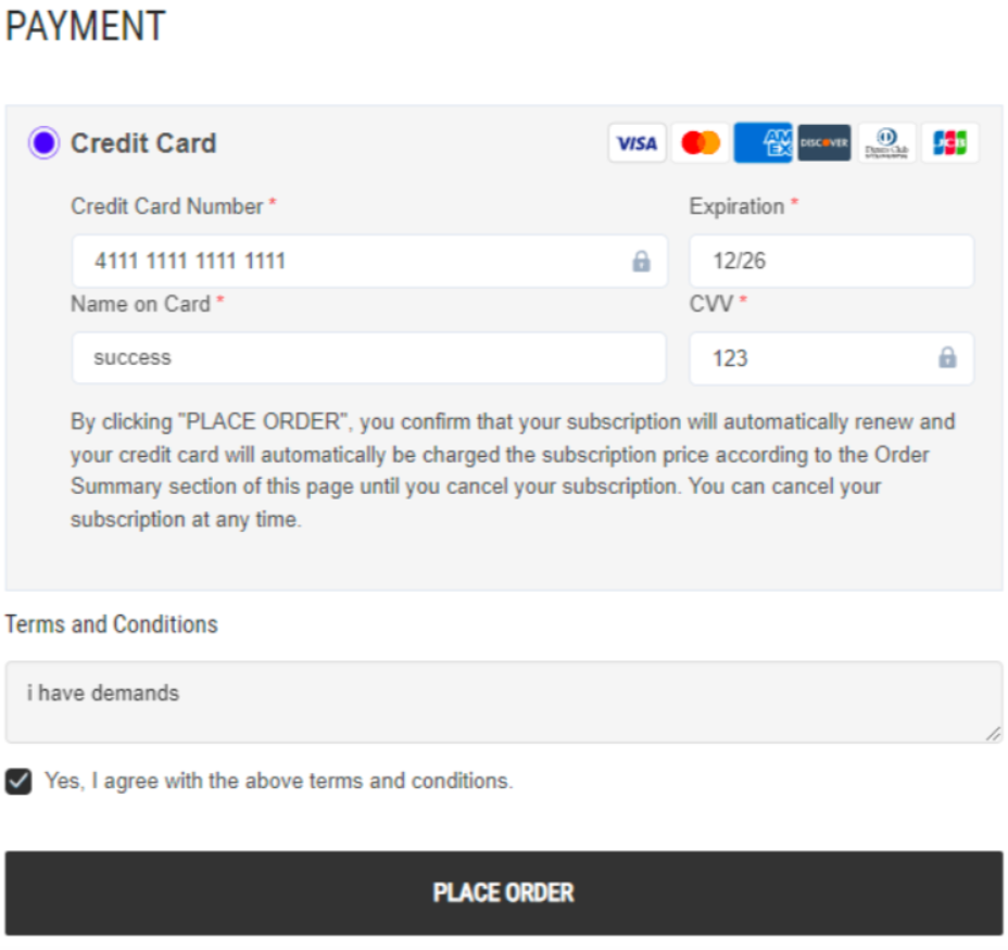  bci authorize.net connected displaying billing and payment checkout page