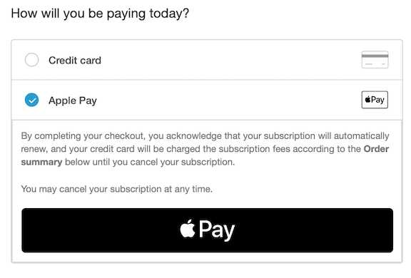 Apple Pay selected at checkout pre-purchase screen