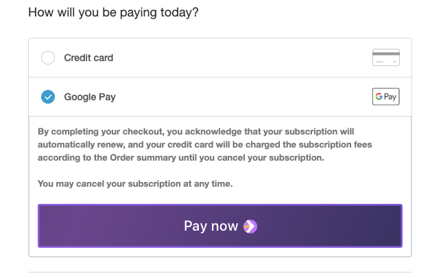 subscription terms displayed after clicking Google Pay at checkout