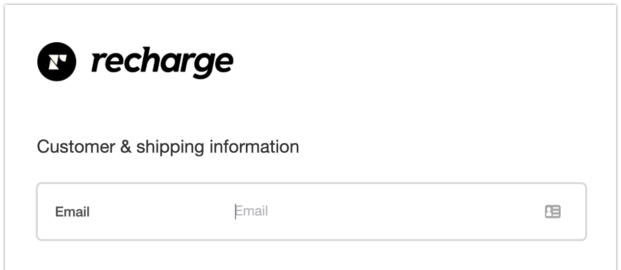 Recharge app user interface showing the Recharge Payments logo on the checkout page.
