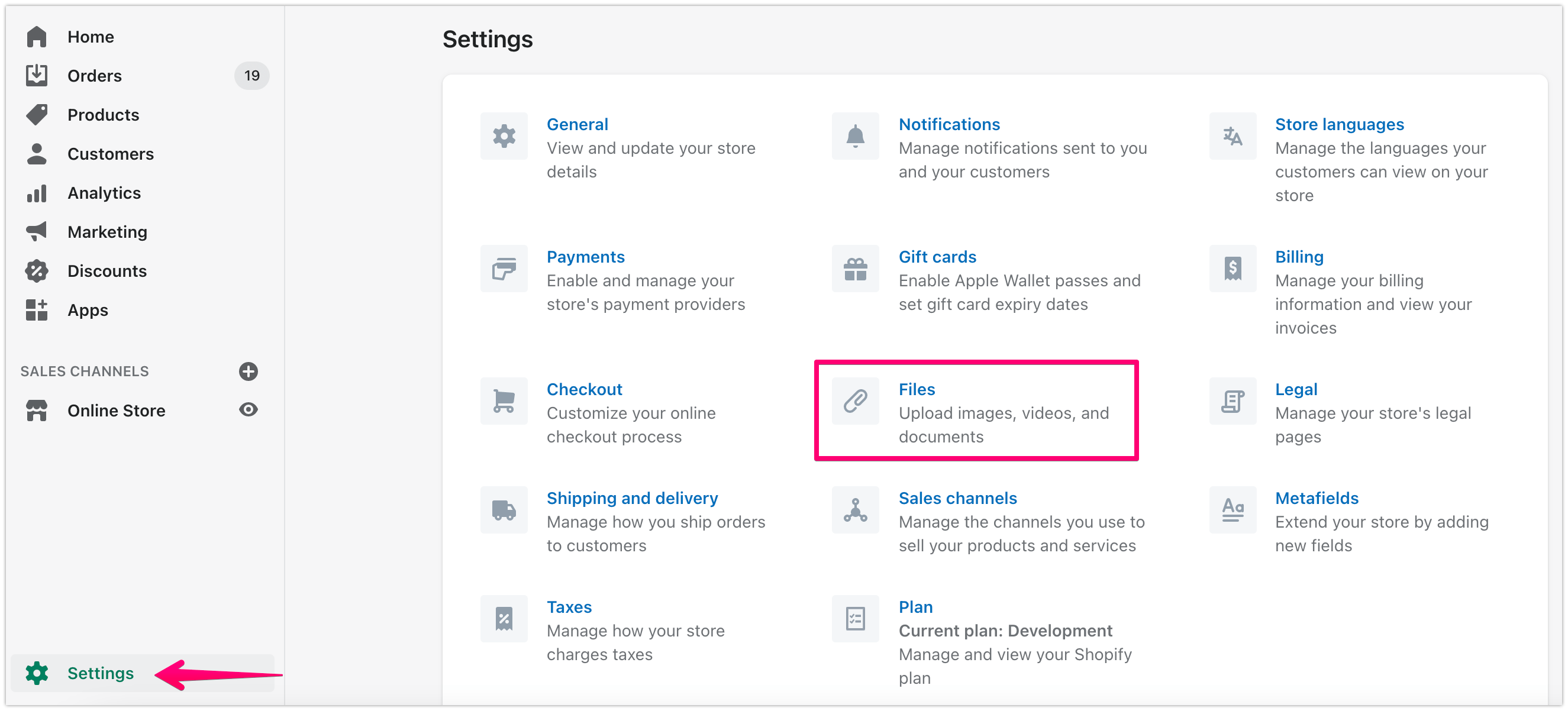 Shopify admin user interface showing the Settings section.