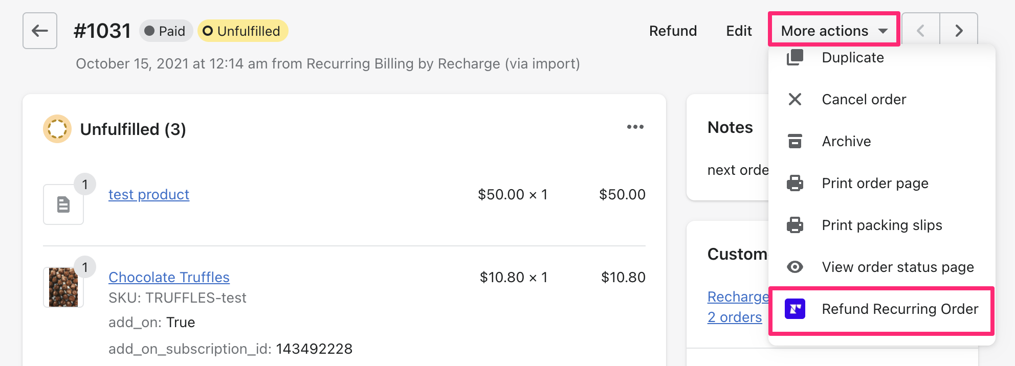 Shopify order page showing the option to refund the recurring subscription order in Recharge