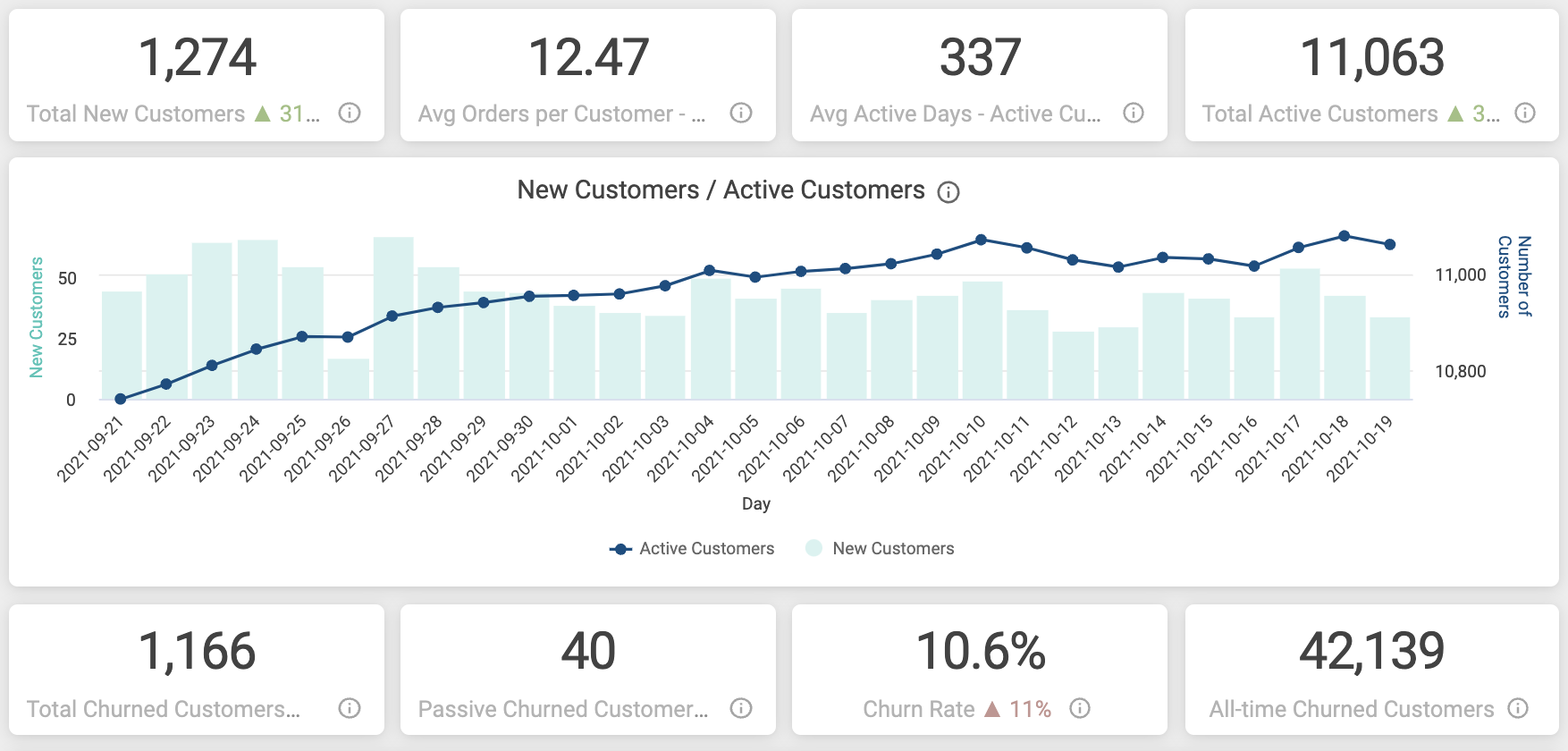 The above-the-fold metrics display insights into your active customers and their spending habits.