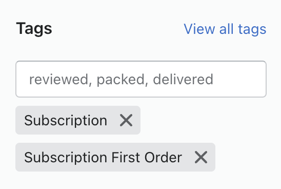 Tags section in the Shopify admin showing Recharge recurring subscription order tags