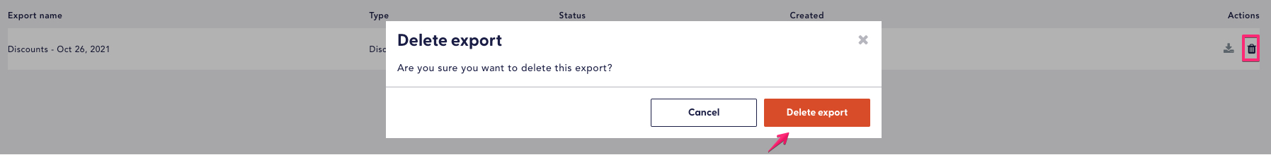 delete export popup