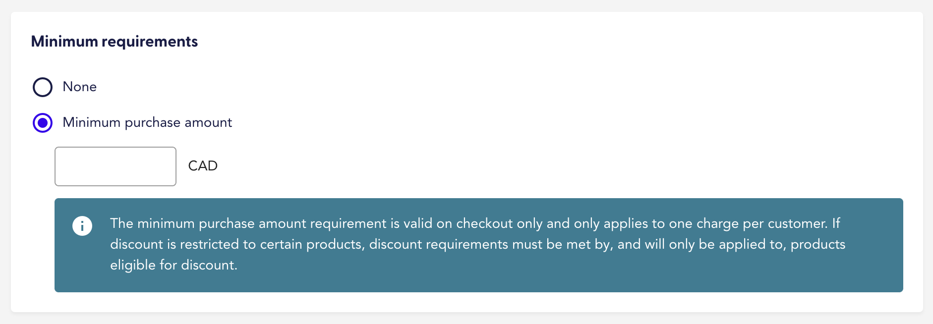 Set a minimum purchase requirement for customers to use the discount code in Recharge