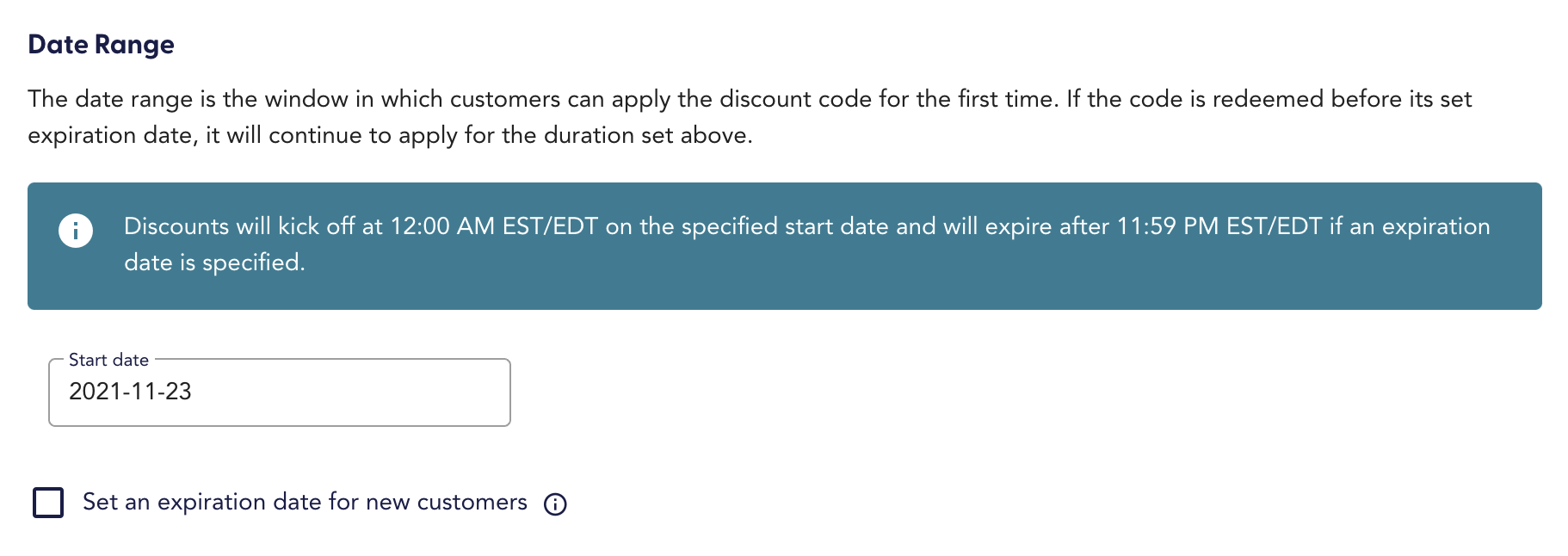 set a date range for a discount code created in Recharge