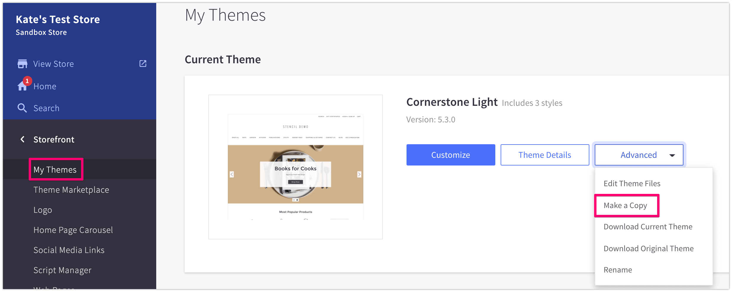 Make a copy of your theme in the BigCommerce admin