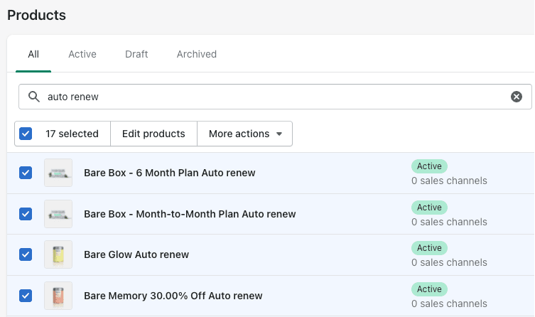 Product search menu from the Shopify admin