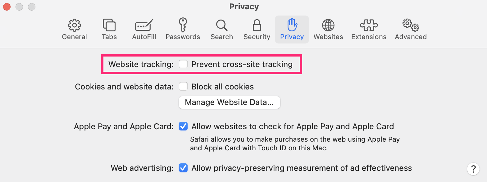 Website tracking in Safari settings