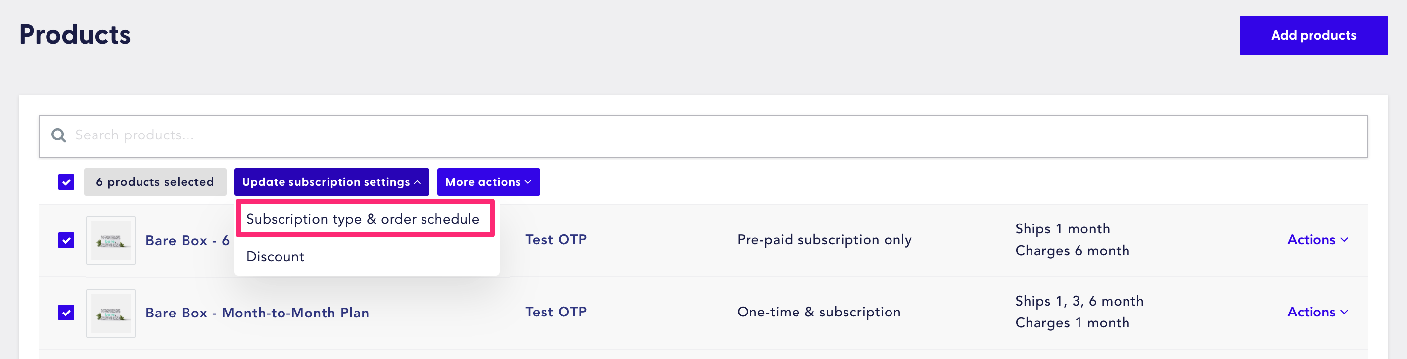 Subscription type and order schedule in bulk settings on product page