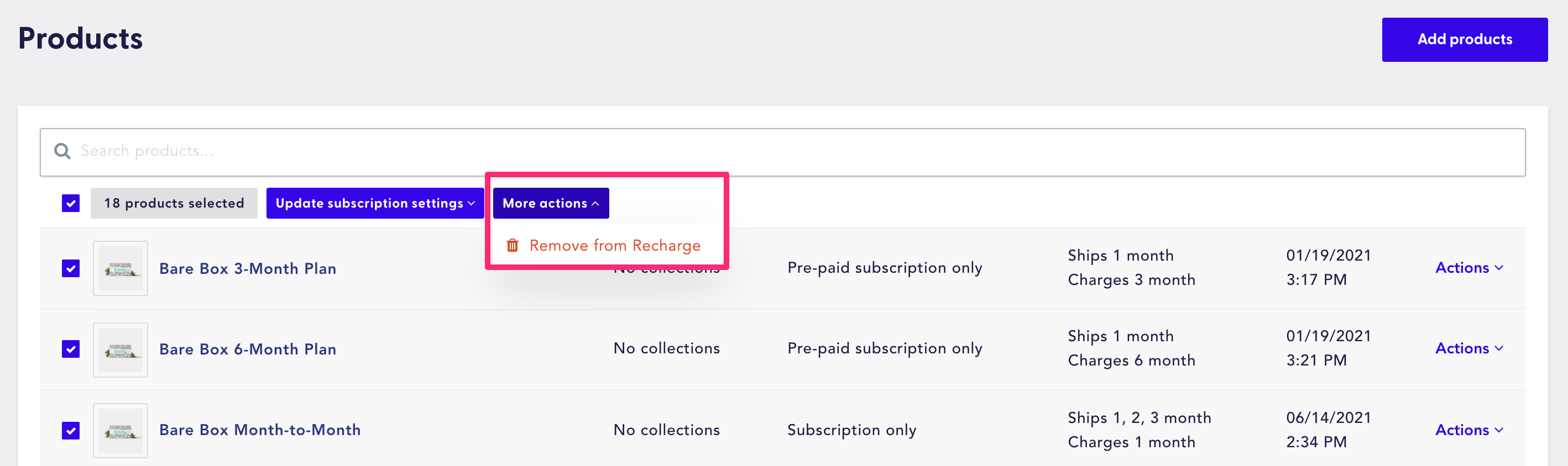remove from recharge in bulk from the product page