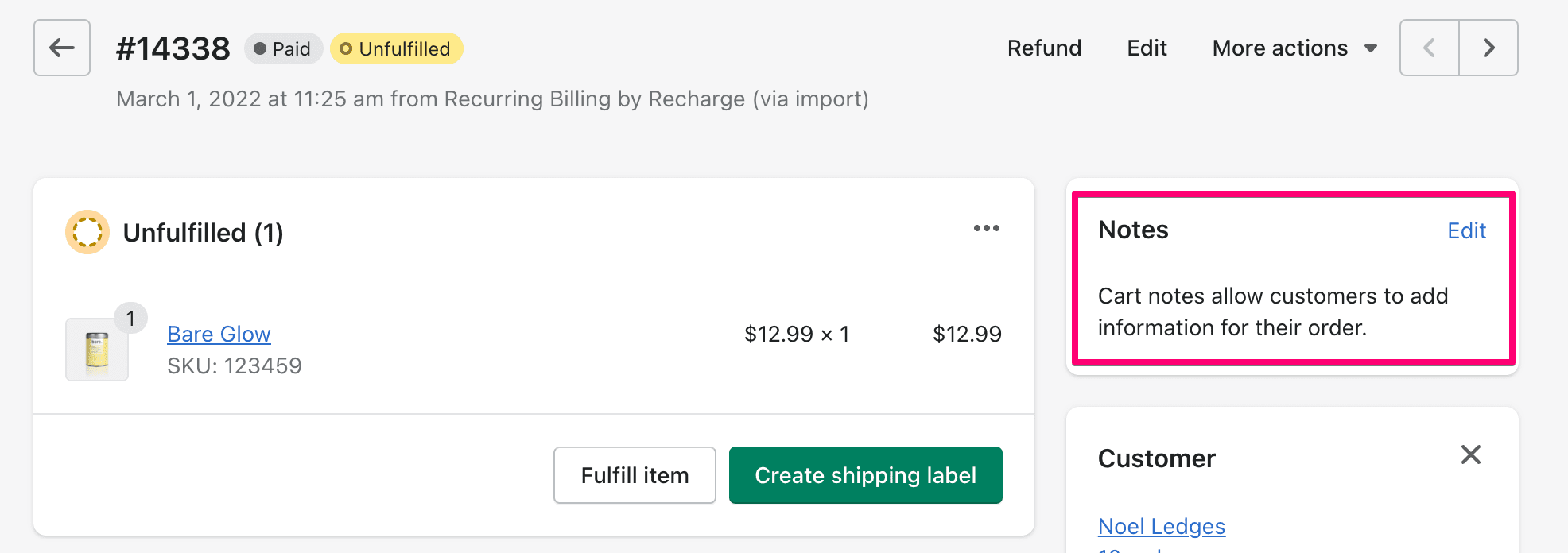 Example of cart notes on a Shopify order