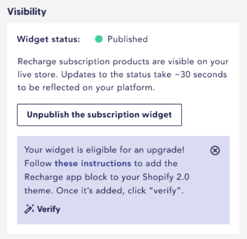Upgrade to 2.0 prompt in the subscription widget settings under the merchant portal