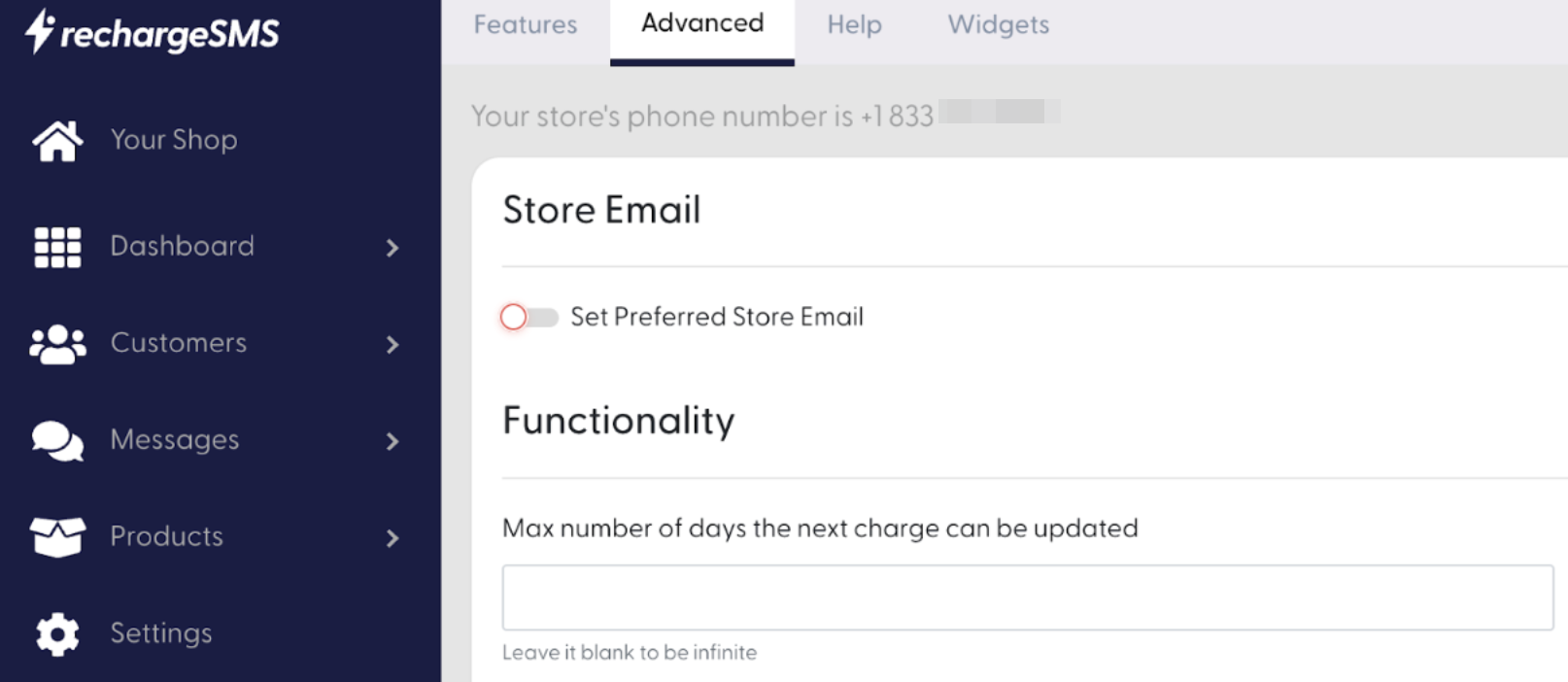 RechargeSMS settings page with store phone number