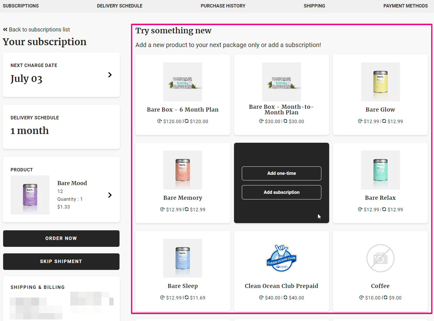 Highlights try something new section where several add-on products are listed to be added as subscription or one-time product