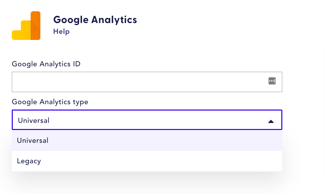 Select Universal from the Google Analytics type drop down menu