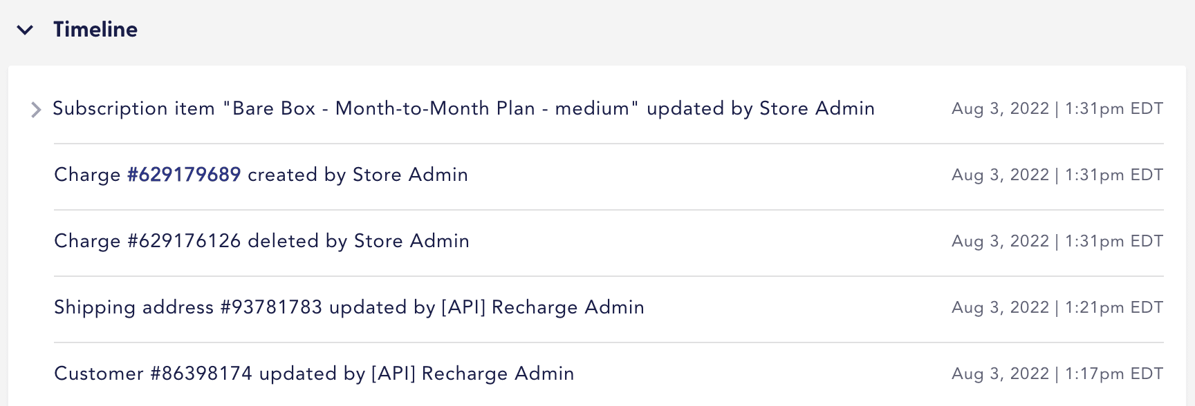 Timeline on the Recharge customer page