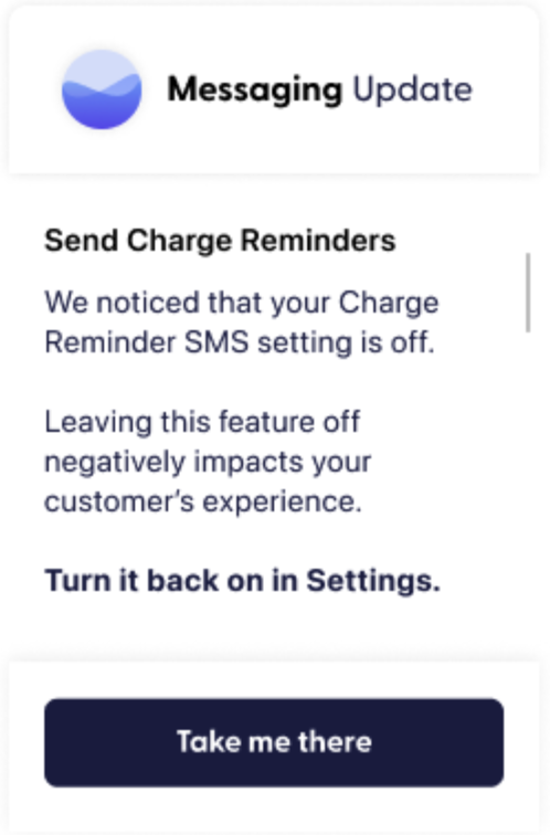 Messaging status indicator bar display a Messaging Update status to Send Charge Reminders