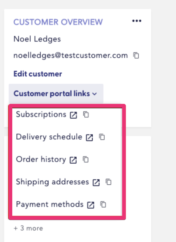 Customer portal linkes drop down menu from the Recharge Customer profile page
