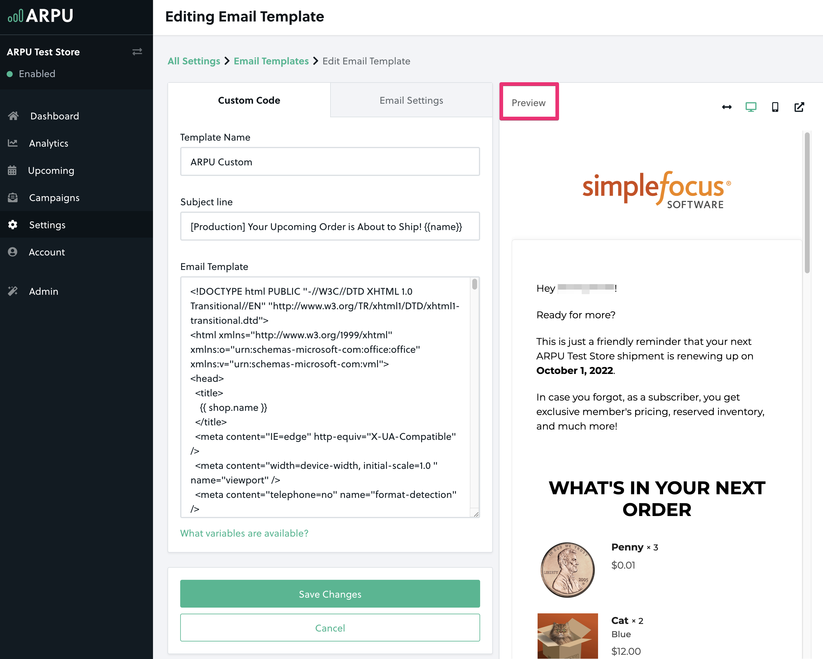 Preview feature in the email template setting