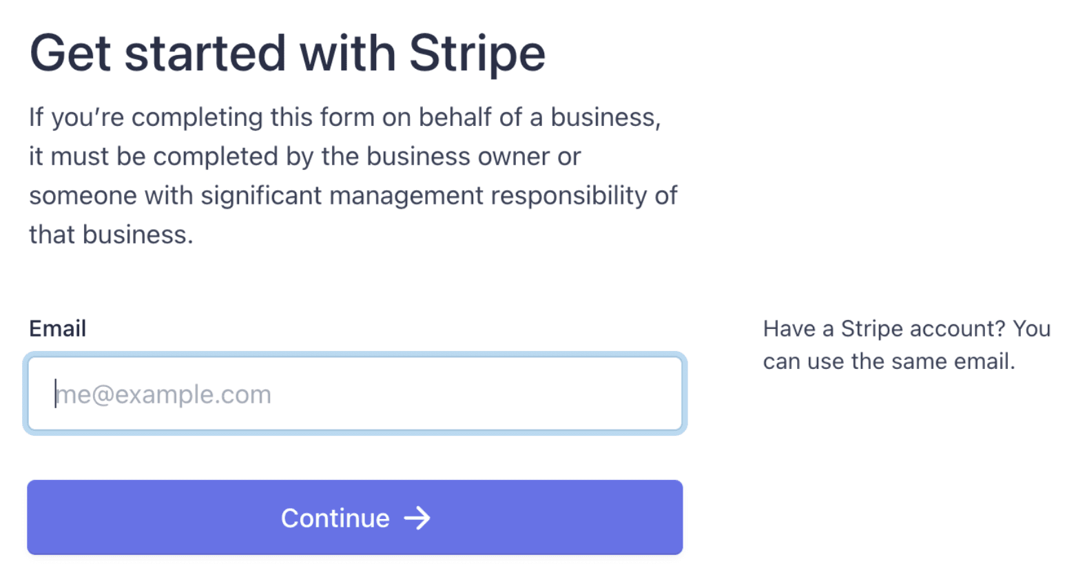 get started with Stripe login page