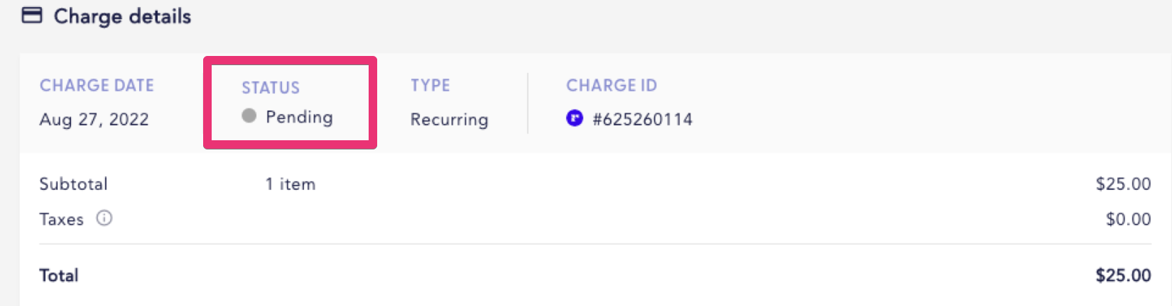 Charge status as Pending under Charge details
