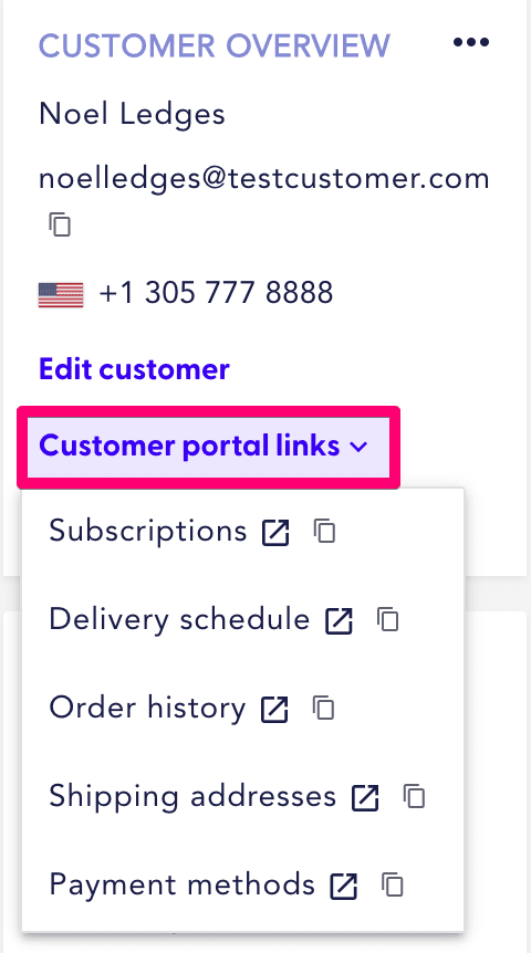 customer portal links on the customer's page in the merchant portal