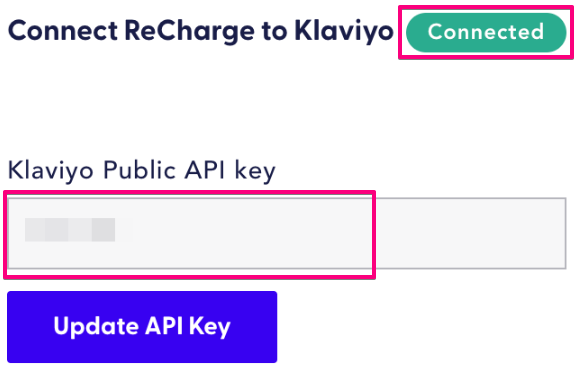 API key and connected status for Klaviyo V2